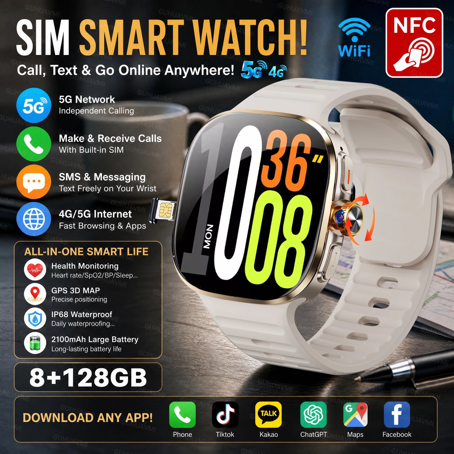 2026New 5G SIM Smart Watch 2.4" AMOLED 8+128GB GPS+NFC WIFI 1000W HD Camera IP68Waterproof Health Monitor Android Smartwatch Men
