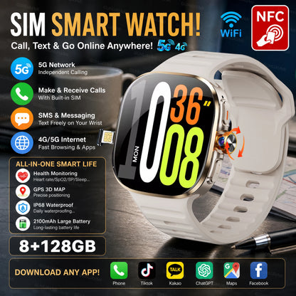 2026New 5G SIM Smart Watch 2.4" AMOLED 8+128GB GPS+NFC WIFI 1000W HD Camera IP68Waterproof Health Monitor Android Smartwatch Men