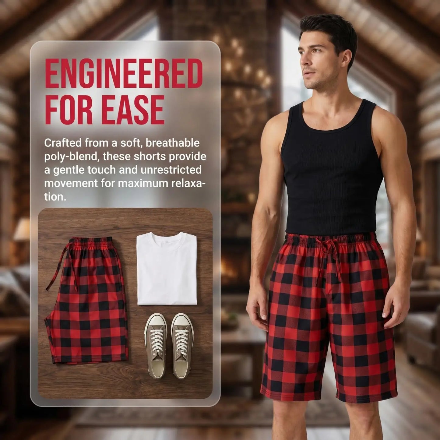 Herr Hemshorts Rutiga – Mjuka Lätta Casual Sovshorts, Grå & Röd M–1XL