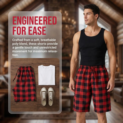 Herr Hemshorts Rutiga – Mjuka Lätta Casual Sovshorts, Grå & Röd M–1XL