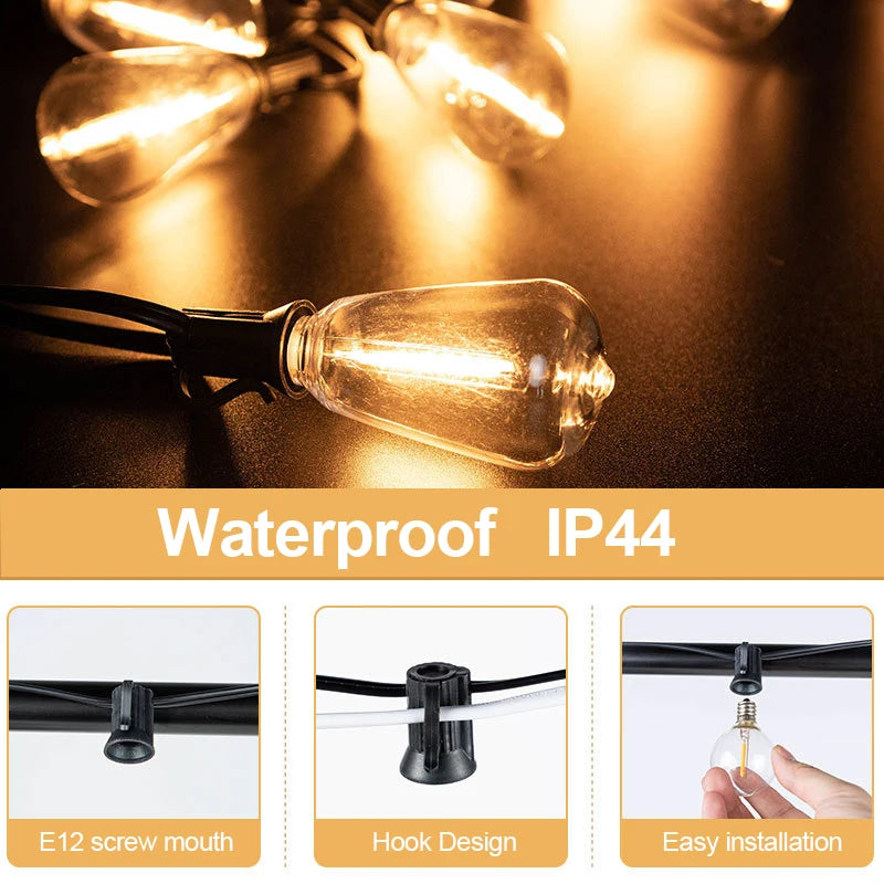 Utomhus Ljusslinga – ST38 Edison LED, Varmvit 2200K, Okrossbar, Vattentålig, 60FT/100FT, EU-kontakt
