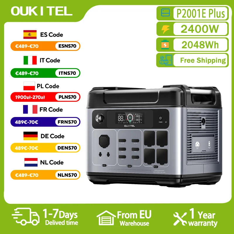 OUKITEL P2001E PLUS Portabel Kraftstation – 2048Wh, 2400W (4800W Peak), LiFePO4, UPS, App-styrning, EU-lager