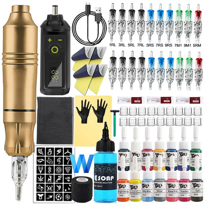 Wireless Tattoo Kit Rotary Tattoo Pen Machine 1200mAh Mini Battery Cartridge Needles Ink Set Permanent Makeup Tattoo Kits