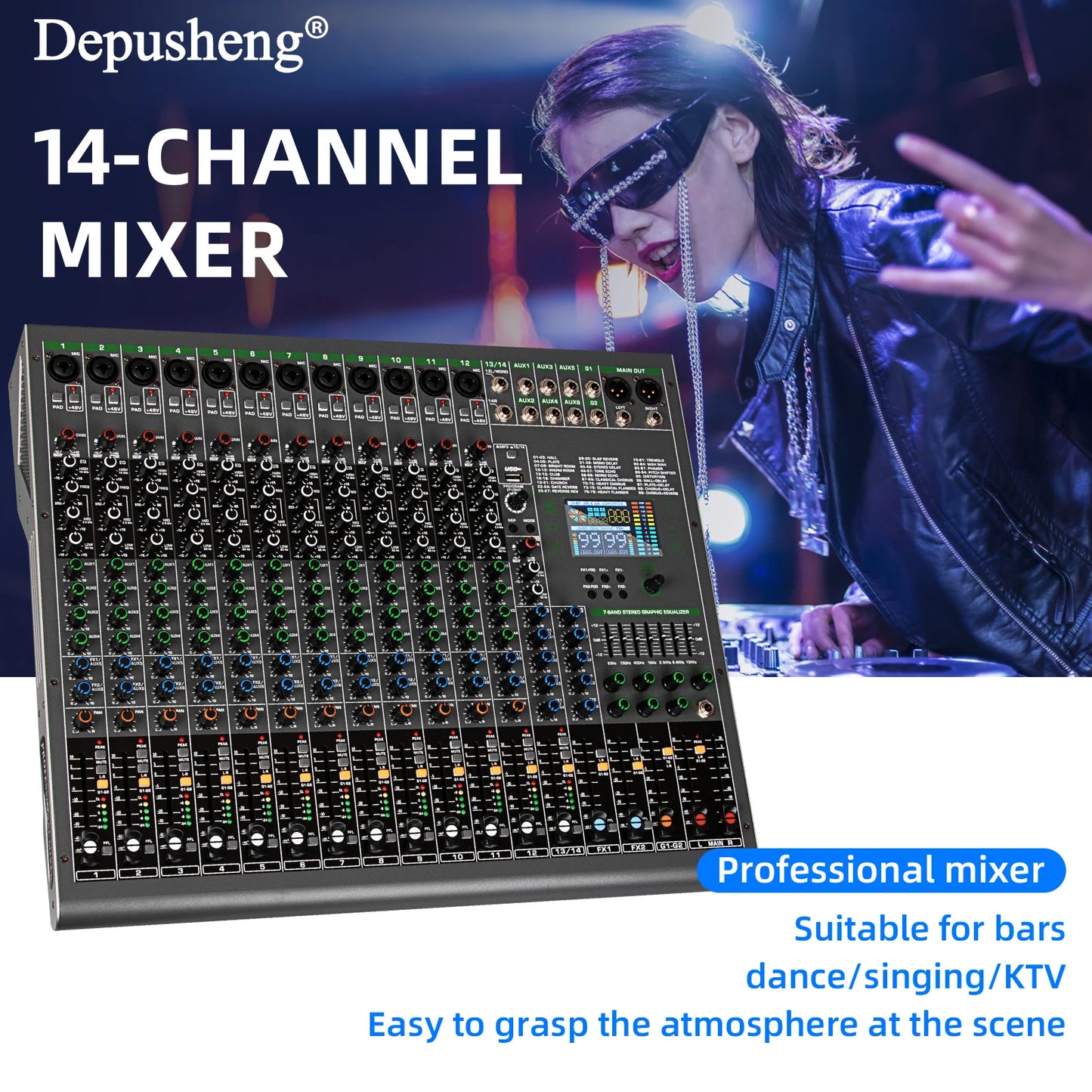 14 Channels Digital Professional Audio Console Mixer Depusheng TG14 Mixing DJ Console USB with 48V Phantom Power Built-in 99 Rev