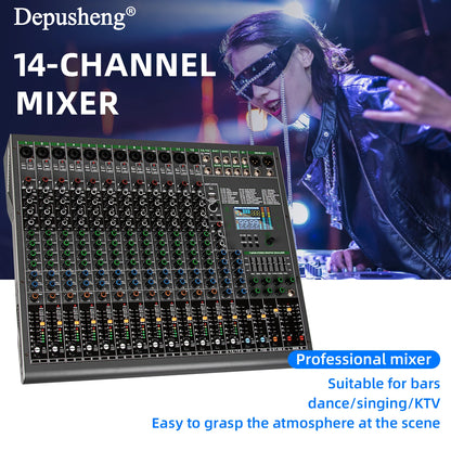 14 Channels Digital Professional Audio Console Mixer Depusheng TG14 Mixing DJ Console USB with 48V Phantom Power Built-in 99 Rev