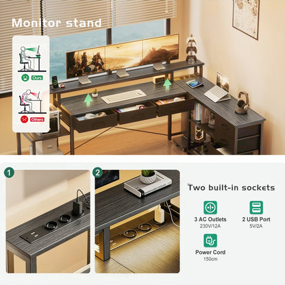 L Shaped Computer Desk with RGB LED Lights Reversible Gaming Desk Power Outlet Monitor Stand Drawers Storage