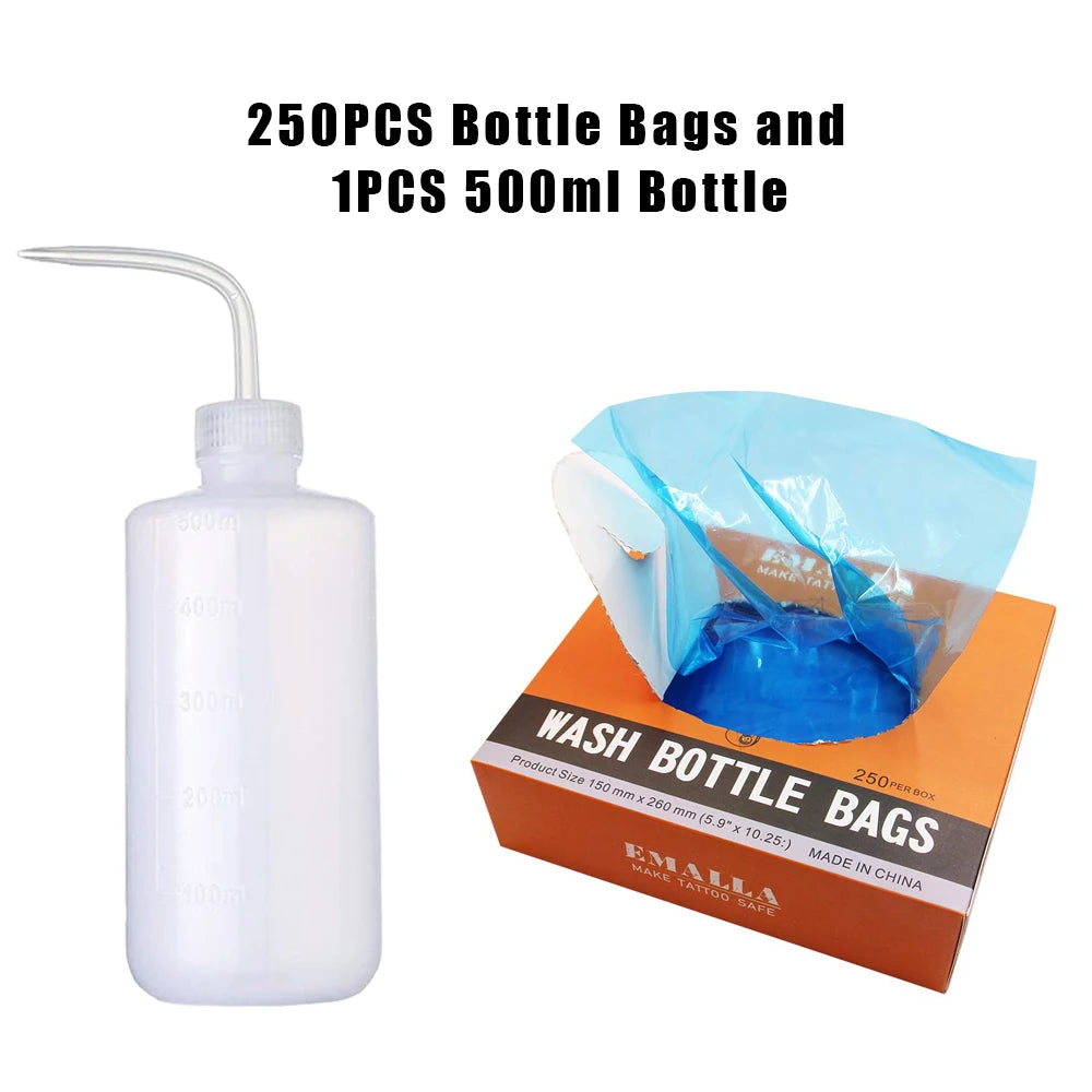 250pcs Tattoo Wash Bottle Bags and 250/500ml Tattoo Wash Bottle for Green Soap Bottle Cleaning Supply Tattoo Accessories