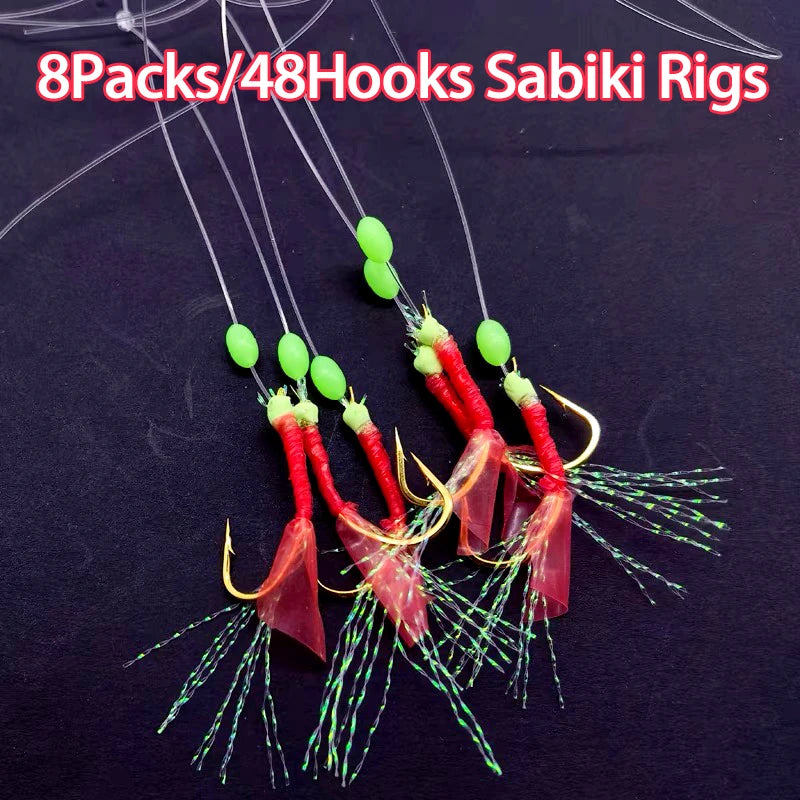 8Packs Sabiki Bait Rig Size 4-18, Glowing Beads and High Carbon Steel Fishing Hooks, Night Fishing Kit for Mackerel, Bass,