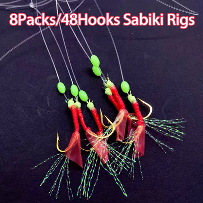 8Packs Sabiki Bait Rig Size 4-18, Glowing Beads and High Carbon Steel Fishing Hooks, Night Fishing Kit for Mackerel, Bass,