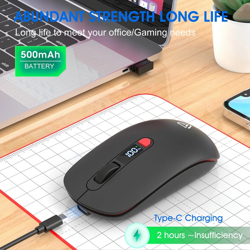 Trådlös Mus Bluetooth + 2,4G S201B – Smart Batteri-display Tyst Klick 3200 DPI USB-C Laddning Laptop PC 2026