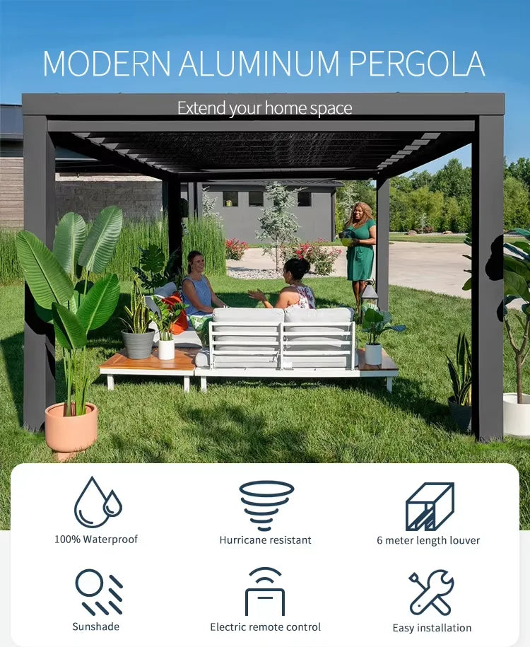 Bioklimatisk fristående metallpaviljong snölasttålig pergola för utemiljöer