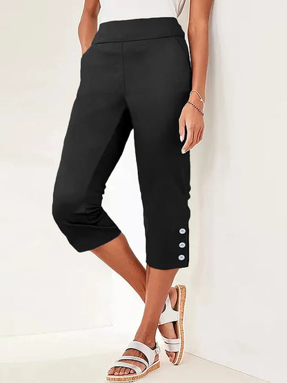 Women's High Waisted Capri Trousers Summer Stretch Cropped Pants with Pocket and Button Details Navy Blue Casual Comfort