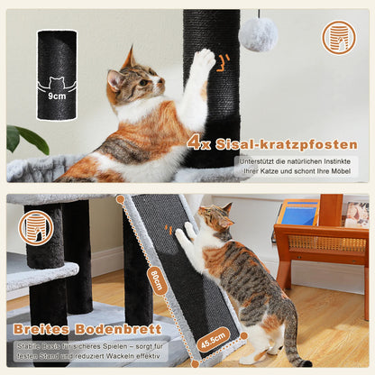 Kattställning i flera nivåer med två hus och klöspelare