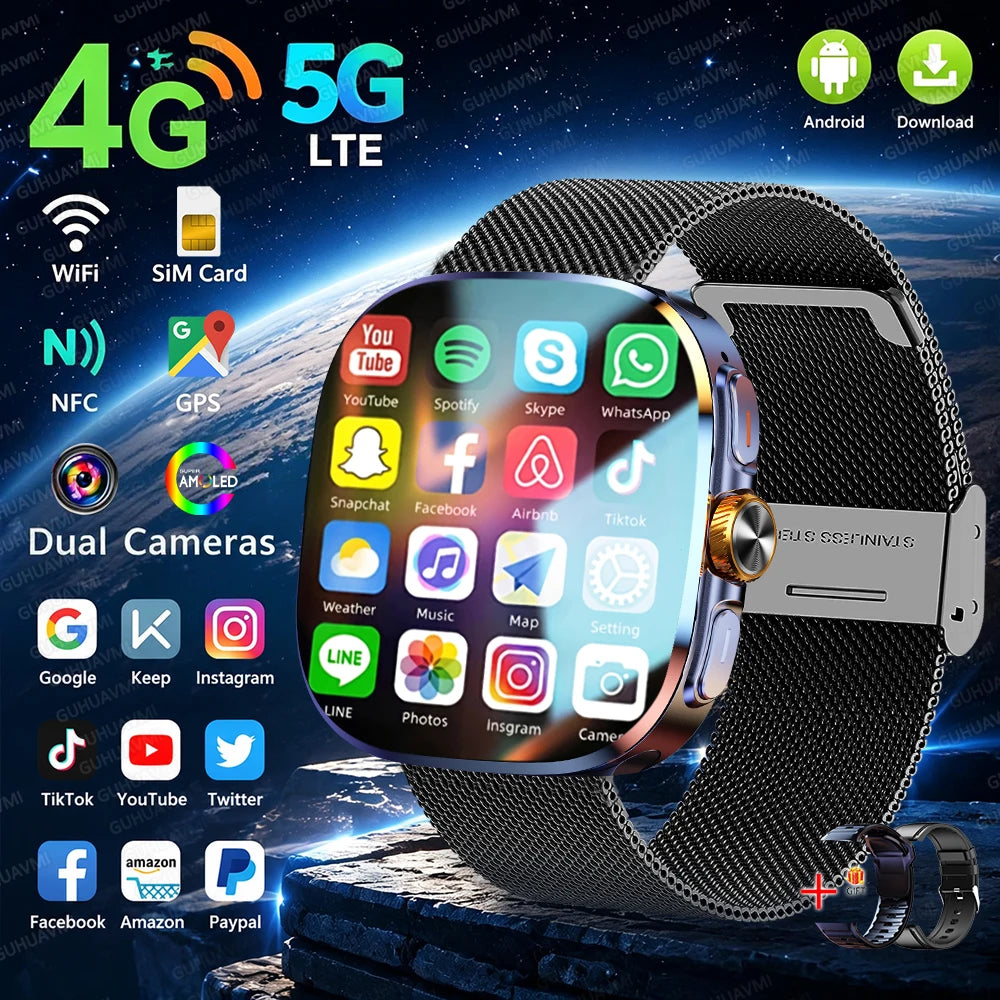 Smartklocka Herr 2026 – 4G/5G SIM, 8GB+128GB, 2,4" AMOLED, GPS, WiFi, Videosamtal & Android-appar