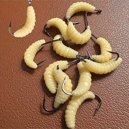 Rubber Maggots Fishing Bait Set with Hooks - Versatile Grub Lures for Bass,Trout,Crappie,Bluegill,Ideal for Freshwater Fishing