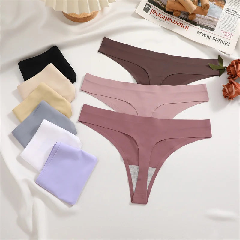 7PCS/Set Ice Silk Seamless Women G-String Panties Sexy Low-Waist Thongs T-Back Female Solid Color Soft Underwear Utral-Thin Pant