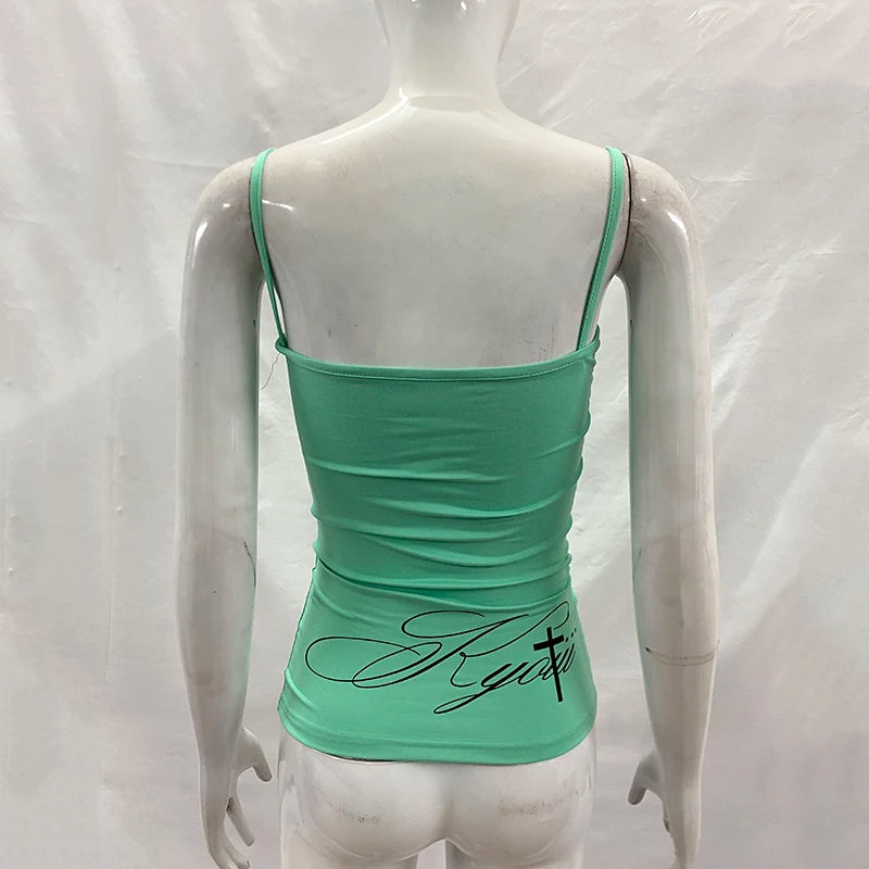 Dam Y2K Spets Camisole – Cinched Waist Ärmlös Sexig Sommar Festival, Grön S–L