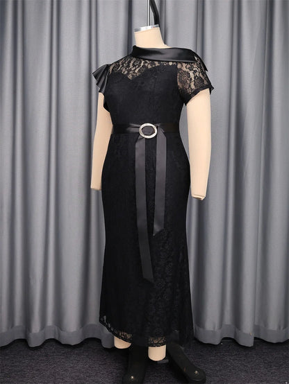Slergiri Plus Size Black Lace Rhinestone Belt Mermaid Hem Dress Women Elegant Evening Party Gown Ladies Bodycon Long Dresses
