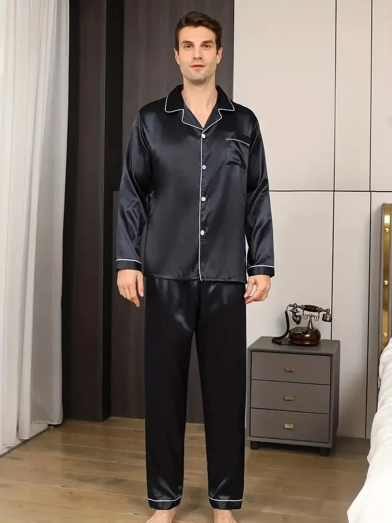 Herr Pyjamas Set Silk Satin – Långärmad Enfargad Tunn Plus Size Hemmaset, M–XXXL