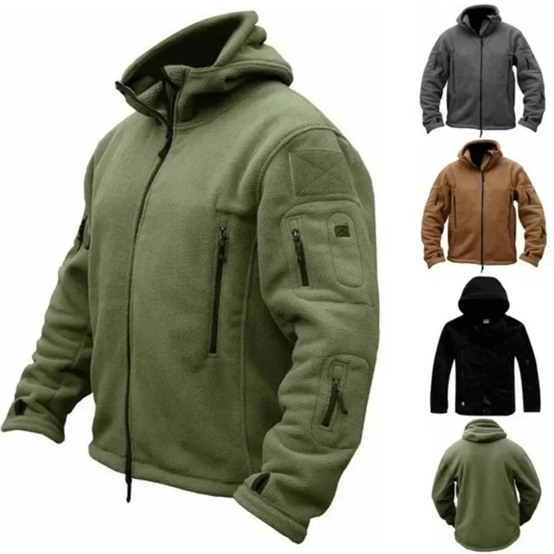 Herr Militär Fleecejacka med Huva – Varm Taktisk Jacka för Vandring och Friluftsliv, S–4XL