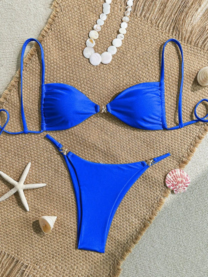 Sexy Solid Color Swimsuit Women' Swimwear 2026 New Bandeau Bikinis Rings Bikini Bandage Beachwear Two Piece Bathing Suit