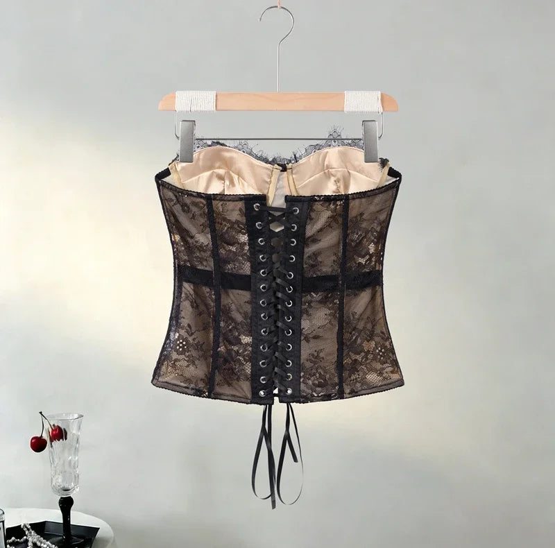 Sexy Women's Lace Fishbone Bandage Vest Black Slim Strapless Backless Female Corset 2026 Spring Summer Lady Beach Party Top New