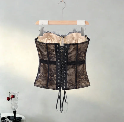 Sexy Women's Lace Fishbone Bandage Vest Black Slim Strapless Backless Female Corset 2026 Spring Summer Lady Beach Party Top New