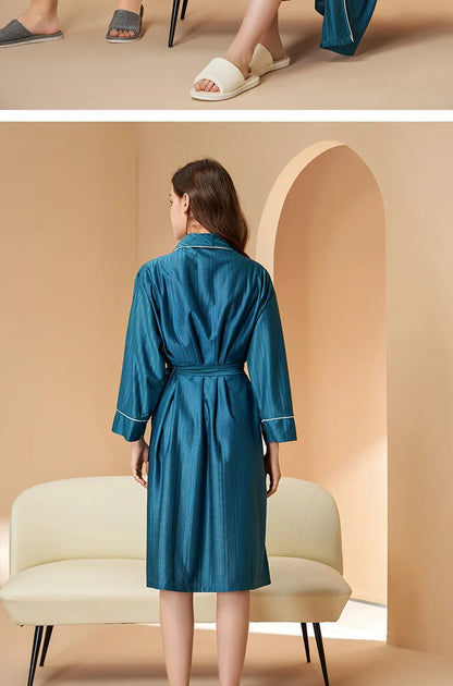 New Stripe Couple Bathrobe Cool Thin Spring Autumn Mid-Length Water Absorbent Loungewear Robe Men Women Luxury Home Nightgown