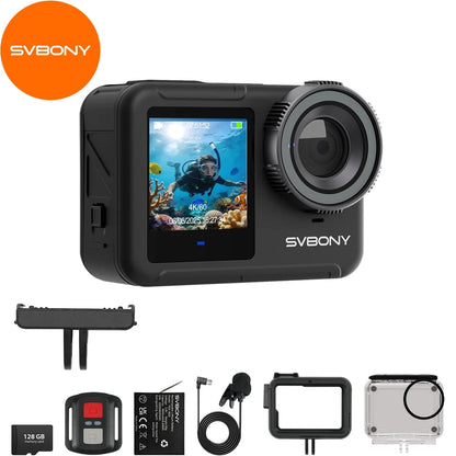 SVBONY SVGo3 4K 60FPS underwater camera, action camera with 128 GB storage, magnetic quick-release, 1/2.7-inch sensor, waterproof up to 12m (without housing), EIS 2.0, 2 batteries (1800mAh) and accessories