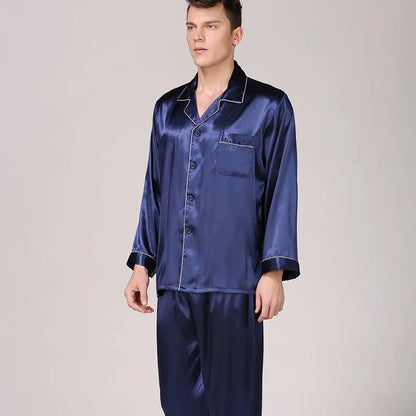 Herr Silk Satin Pyjamas 2-delad – Långärmad Topp & Byxor Tryckt Mönster, Svart/Röd/Marinblå
