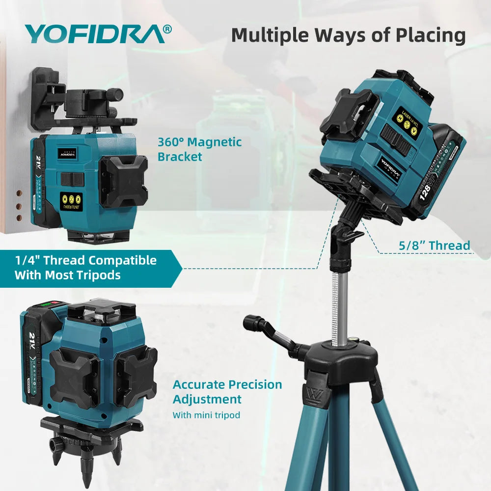 YOFIDRA 4D 16 Lines Laser Level Self-Leveling 360° Horizontal Vertical Leveling Tools With 1M Tripod For Makita 21V Battery Pin