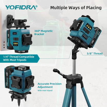YOFIDRA 4D 16 Lines Laser Level Self-Leveling 360° Horizontal Vertical Leveling Tools With 1M Tripod For Makita 21V Battery Pin