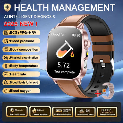 2026 ECG+PPG Daily Health Smart Watch Men Blood Fat Uric Acid Heart Rate Blood Oxygen Bluetooth Call Wellness Tracker Smartwatch