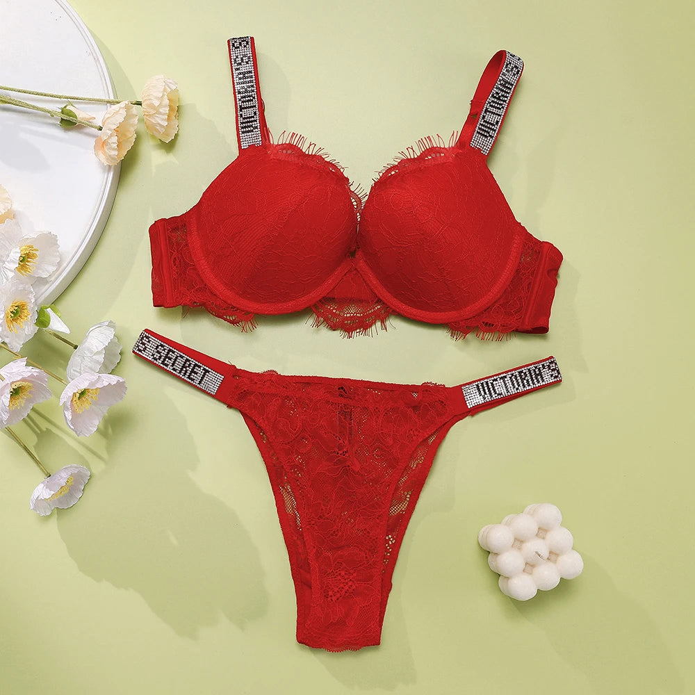 New Women's Sexy Bra and Panty Set Comfortable Push Up Shapewear Adjustable Padded Gathered V Lace Lingerie Set