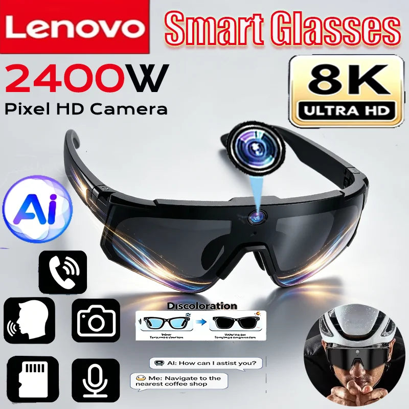 Lenovo 8K Camera 2400MP Sport Smart AI GlassesAI Smart Translation Video Recording Sunglasses Women Men Outdoor Cycling Sports