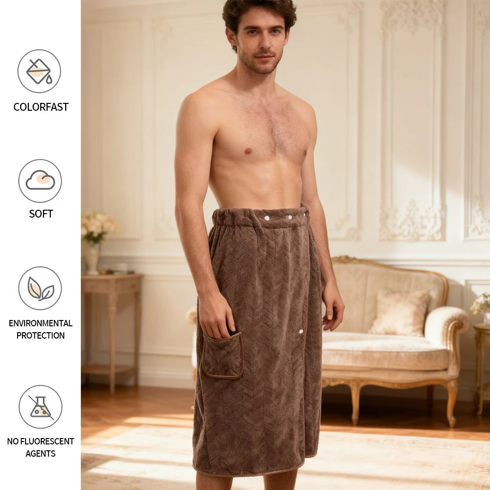 Men's Bath Skirt - Quick-Dry Spa Wrap with Adjustable Waist, Super Soft Coral Fleece Showerrobe, Highly Absorbent Post