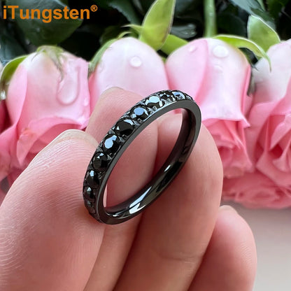 ITungsten 2/3/4mm Men Women Titanium Princess Cubic Zirconia CZ Inlay Ring Nice Eternity Engagement Wedding Band