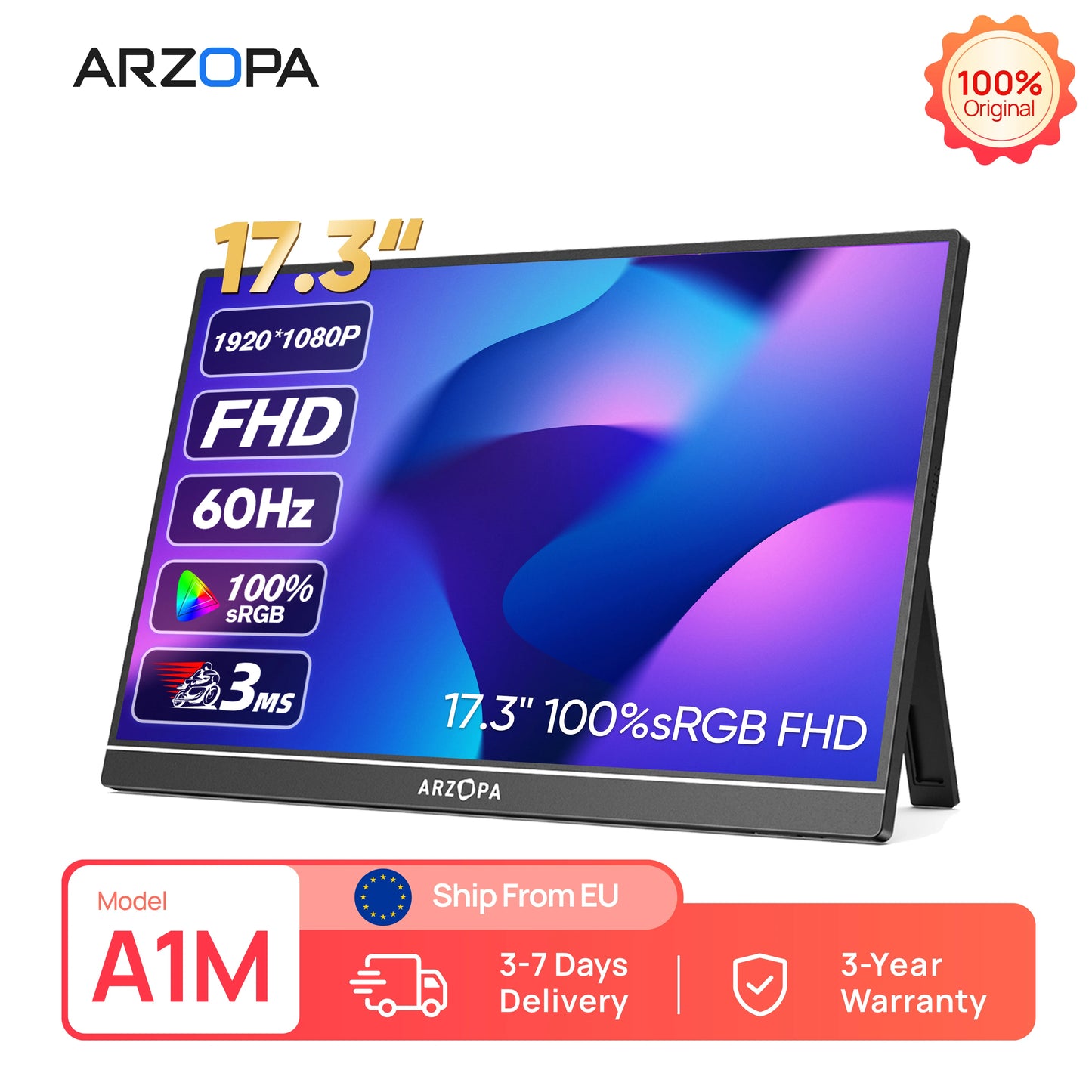 ARZOPA A1M Portabel Skärm 17,3" 1080P IPS – 100% sRGB HDR10 60Hz Inbyggt Stativ Dubbla Högtalare Aluminium USB-C HDMI