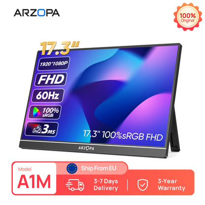 ARZOPA A1M Portabel Skärm 17,3" 1080P IPS – 100% sRGB HDR10 60Hz Inbyggt Stativ Dubbla Högtalare Aluminium USB-C HDMI