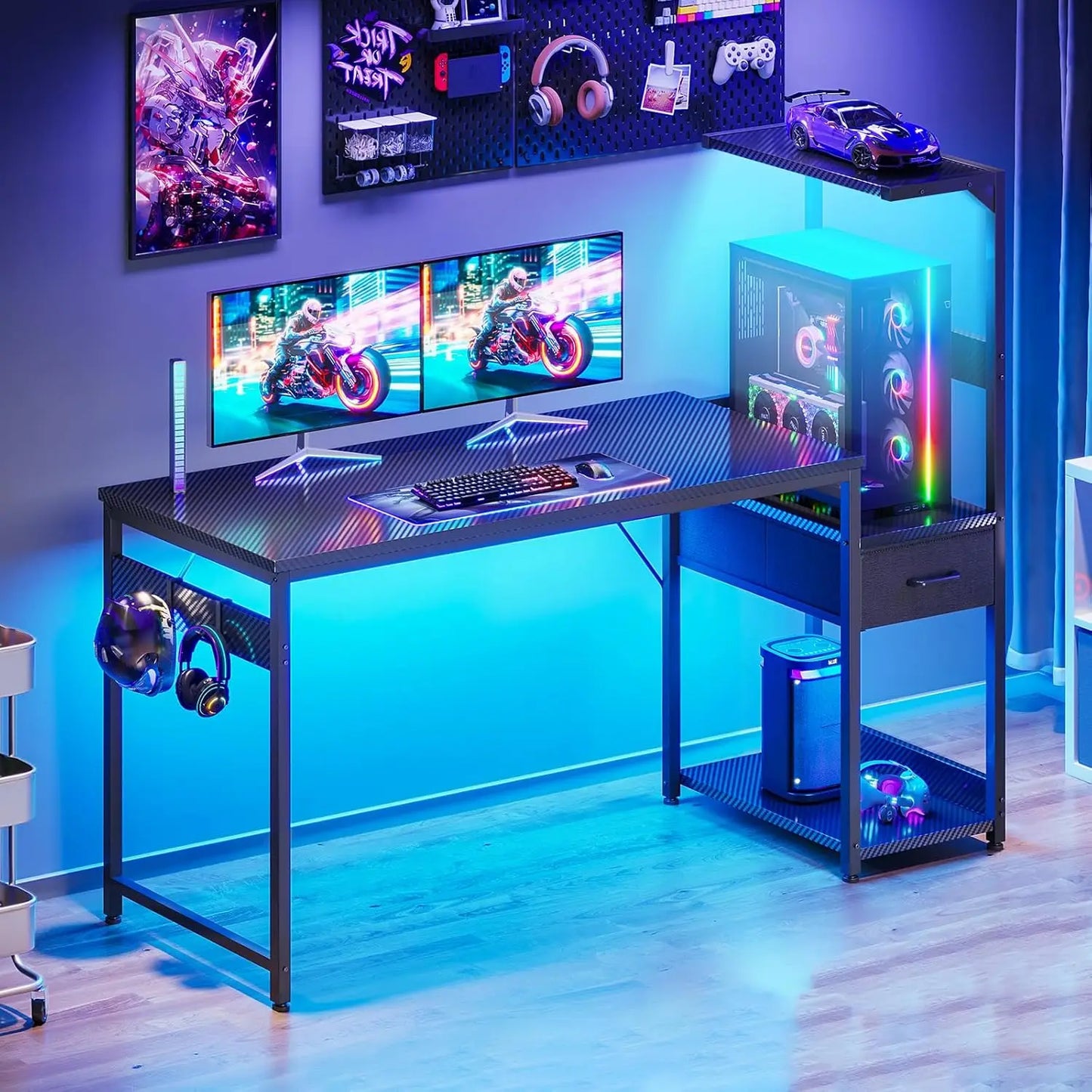 Coleshome Gaming Table with Led Lights,138×48Cm Gaming Desk with Drawers and Shelf