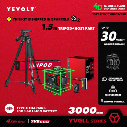 YEVOLT YVGLL4XS16 Grön Lasernivå 4D – 4 Plan, 16 Linjer, 3Ah/5,2Ah Batteri, Självnivellerande
