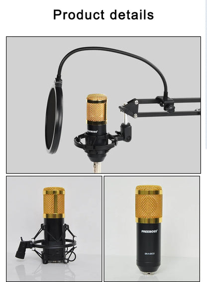 Freeboss BM-800 Kondensatormikrofon-kit med arm och stöttålig fäste för dator