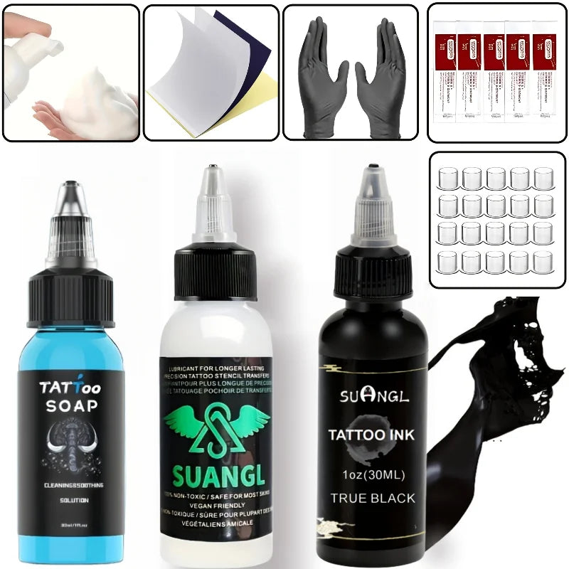 Tattoo Transfer Stencil Kit Black Tattoo Ink Transfer Gel Lotion Stencil Paper Ink Cups Gloves Blue Lotion Set