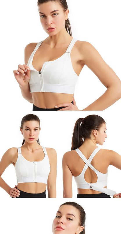 Women High Impact Shockproof Sports Bra Front Zip Adjustable Shoulder Straps Back Support Yoga Running Fitness Bralette