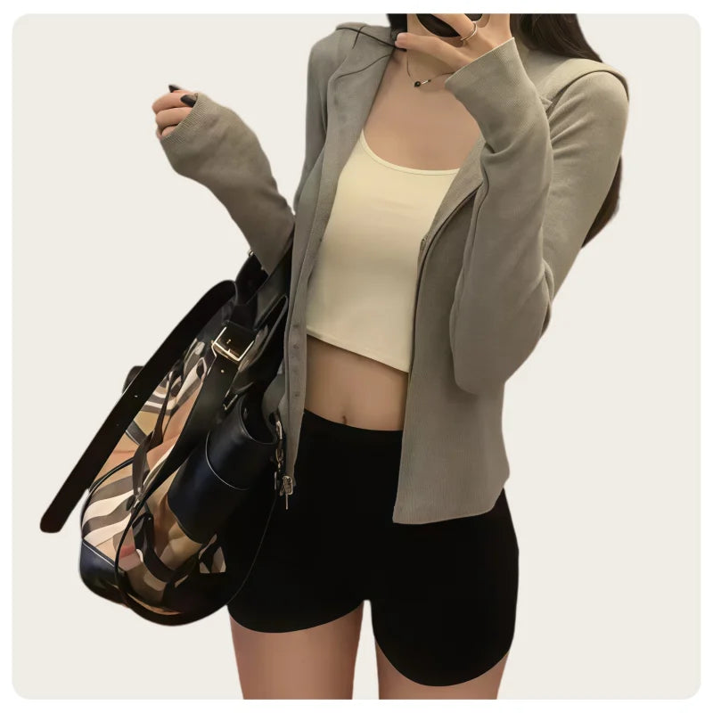 Korean Style Spring and Autumn Women's Light Gray Vertical Stripe Slim-Fit Thin Short Jacket with Two-Way Zipper Hoodie