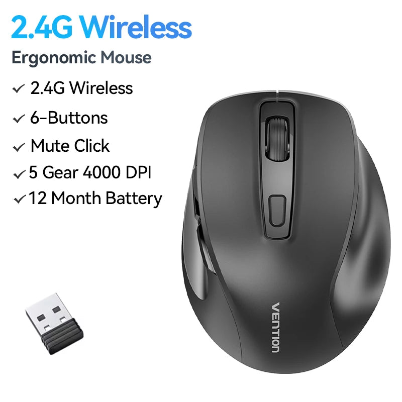 Vention Ergonomic Wireless Mouse Bluetooth 5.1 Dual-Mode USB 2.4G Mouse 4000 DPI 6 Buttons Mouse for PC MacBook Pro Tablet Mice