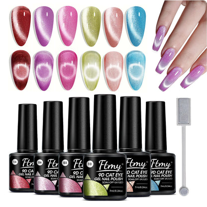 6 Colors Cat'S Eye Magnetic Nail Gel Set, Semi-Permanent UV LED Soak Off Nail Art, Smooth Intense Pigmentation, Odorless, Toxin-