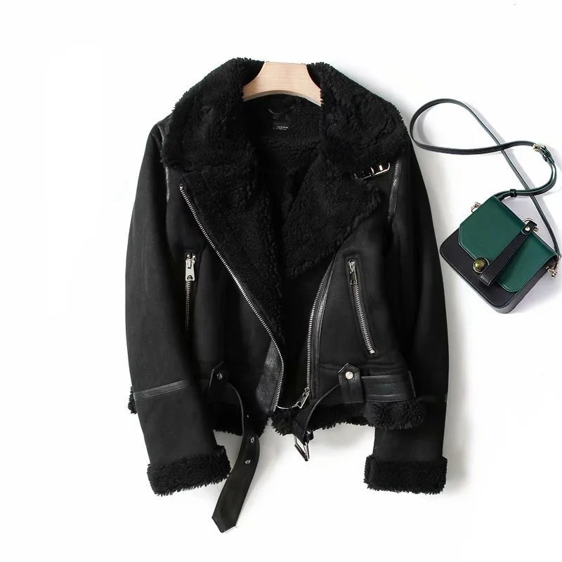 Varm Lammskinnsjacka Dam – Kort Motorcykelstil, Faux Shearling, Mocka, 2 Färger, XS–XL