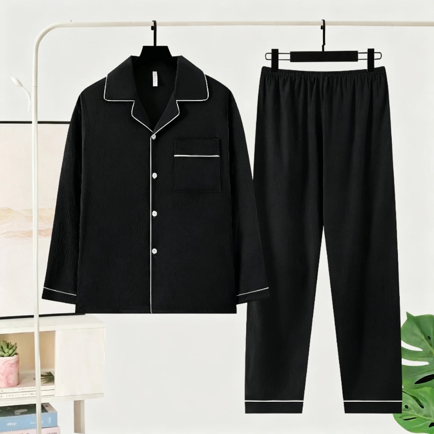 Herr Pyjamas Set Lyx Oversized – Långärmad Enfargad Mjuk Plus Size Höst 2026, 10 Färger L–5XL