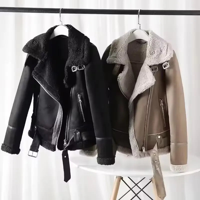 Varm Lammskinnsjacka Dam – Kort Motorcykelstil, Faux Shearling, Mocka, 2 Färger, XS–XL